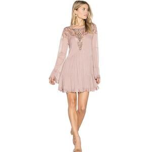 Free People Panama City Rose Beaded Bell Sleeve Boho Mini Dress, Medium